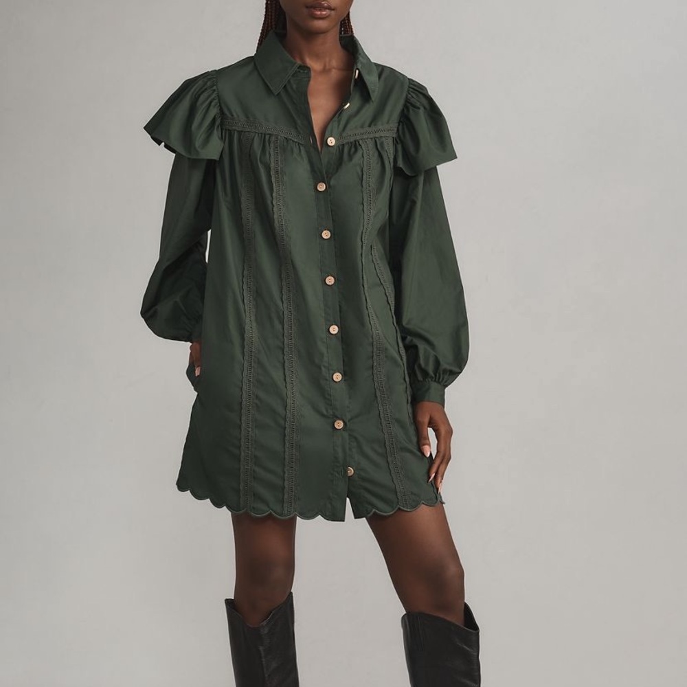 New FARM Rio x Anthropologie Long Sleeve Ruffled Shoulder Mini Shift Dress